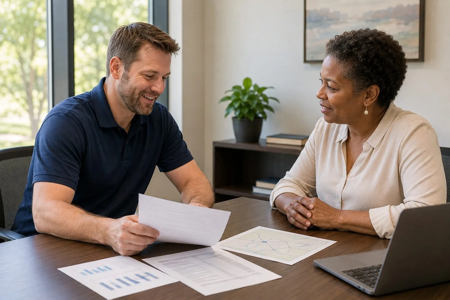 The same bin cleaning owner, in his navy polo, sitting at a table with a community lender in a cream blouse, the two of them going through printed financial statements and a route map together