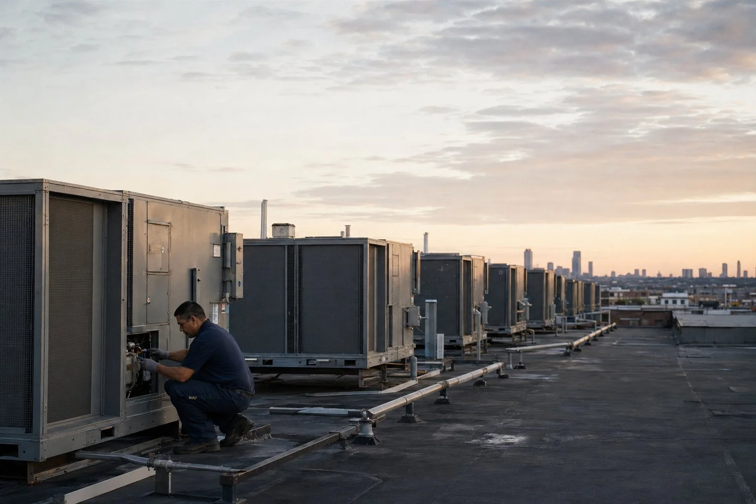 A row of packaged rooftop HVAC units on a commercial building, the service work behind a $159 billion market