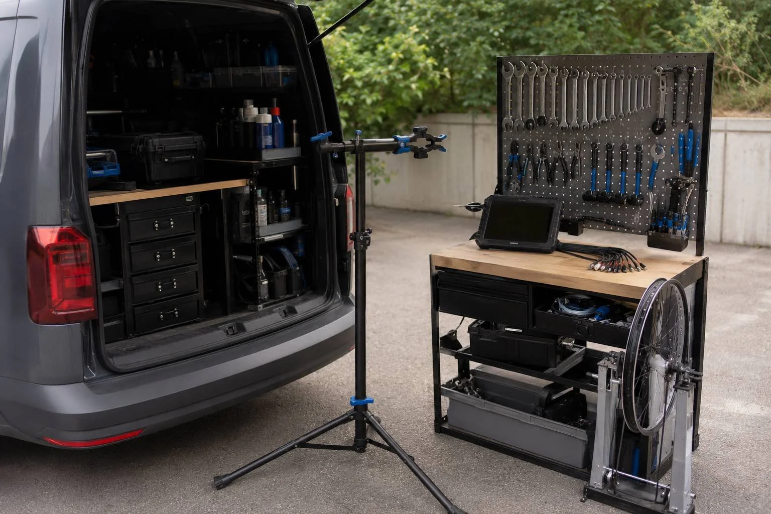 Mobile bike repair startup equipment beside an open van — a folding repair stand, a pegboard of wrenches and pliers, a wheel truing stand, drawers of parts, and an e-bike diagnostic tablet with a cable harness