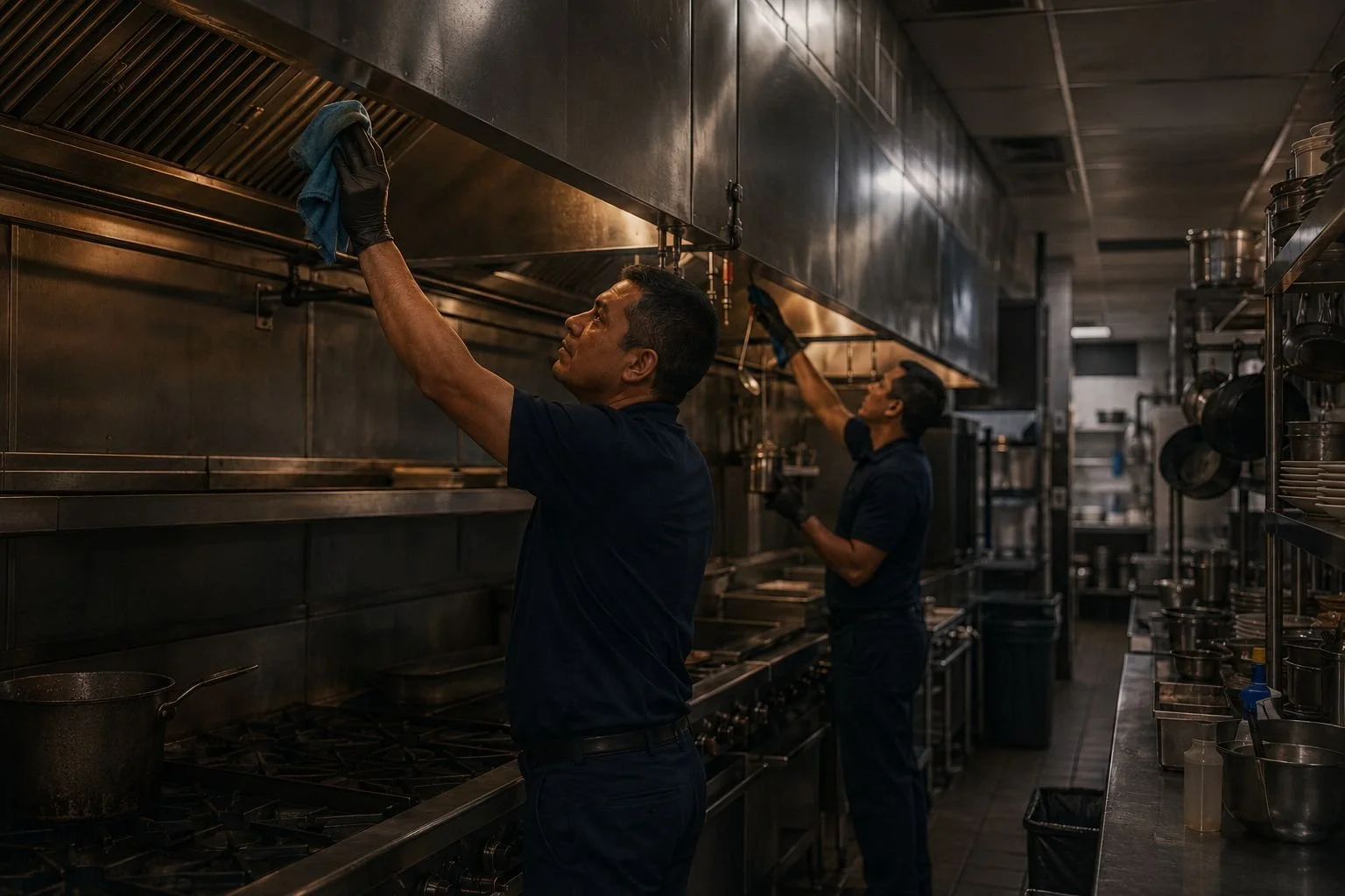 A technician cleaning an exhaust hood while another services the fire suppression system above the same cook line