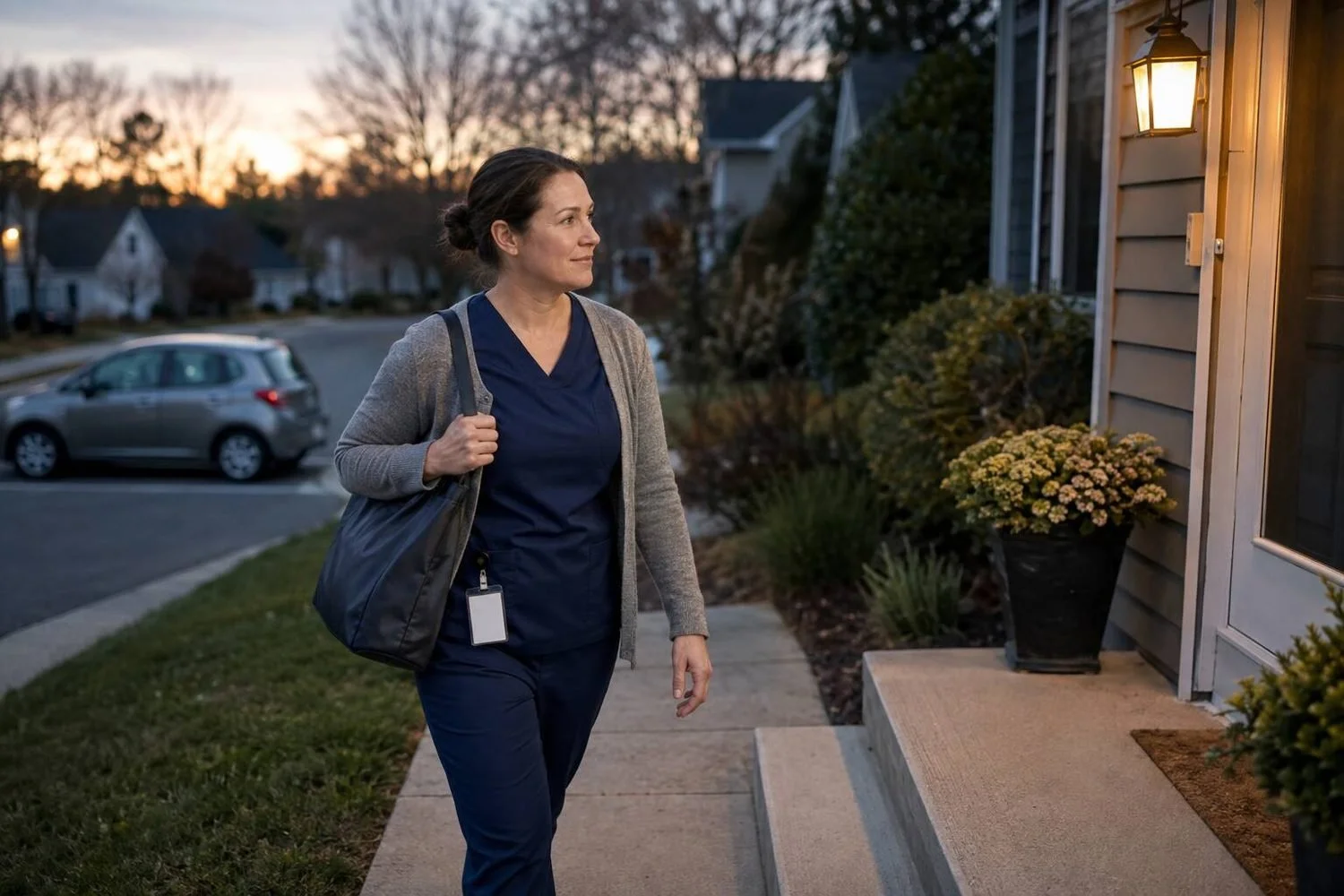 A caregiver in navy scrubs and a grey cardigan walking up the front path of a suburban home at dusk, shoulder bag over one arm and the porch light on