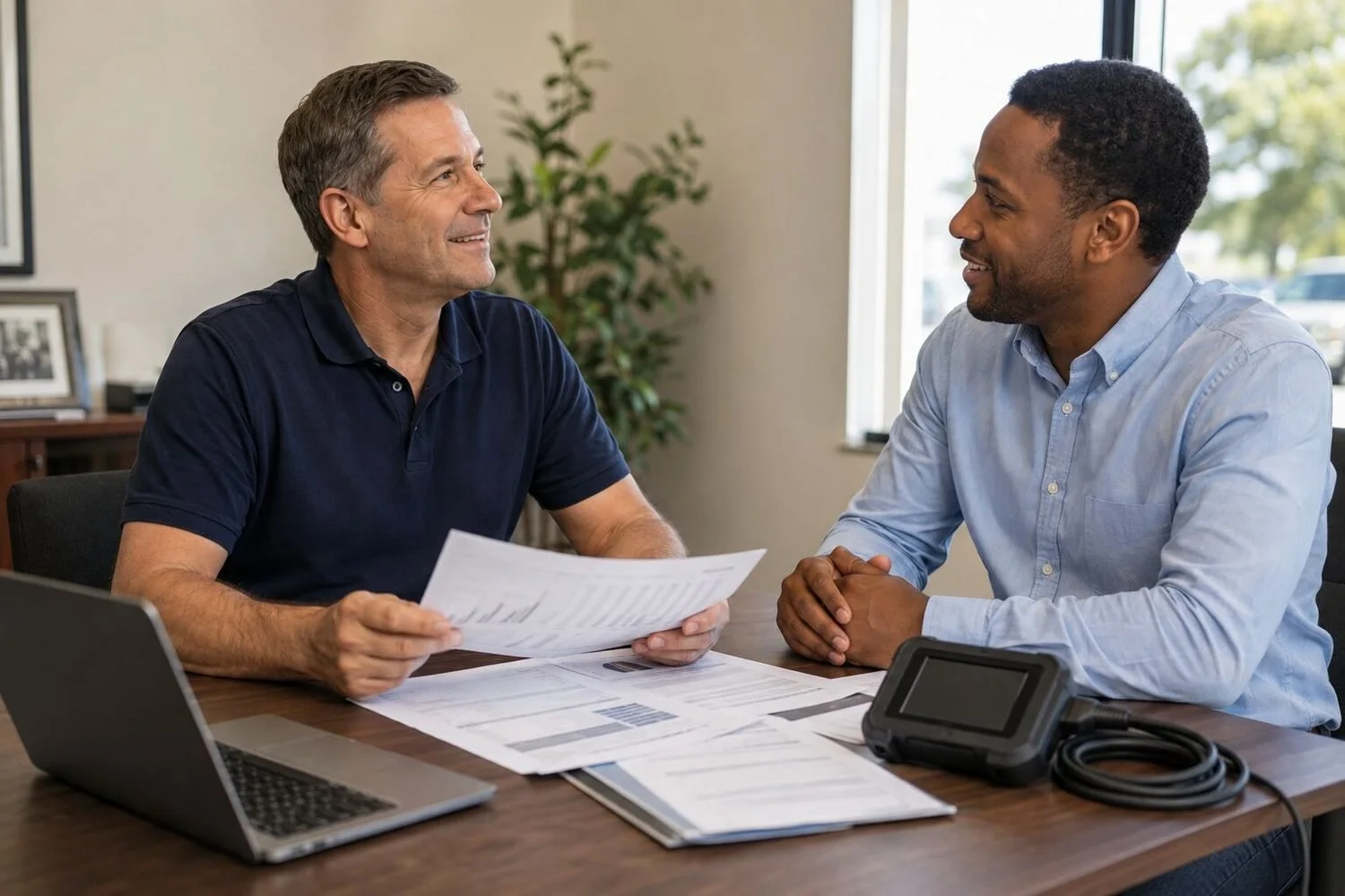 An auto repair shop owner in a navy polo shirt sitting at a desk with a community lender, both smiling mid-conversation over printed financial statements, a handheld diagnostic scan tool with its cable coiled beside it on the desk next to a laptop