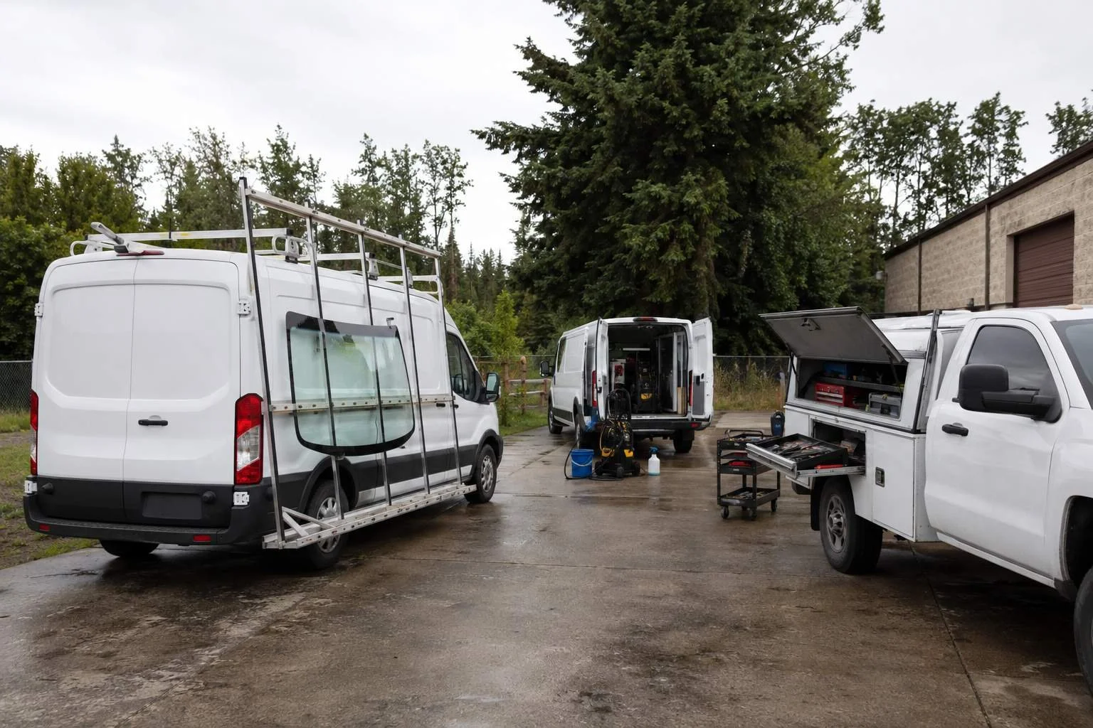 An auto glass van with a windshield rack parked alongside a detailing van and a mobile mechanic service truck, staging an automotive-services cluster