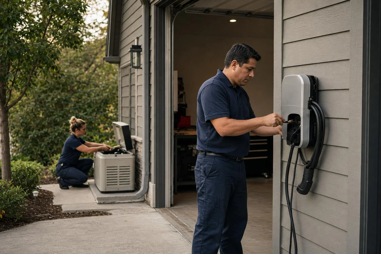 A standby generator beside a home EV charger, the two growing specialties that pair with electrical contracting