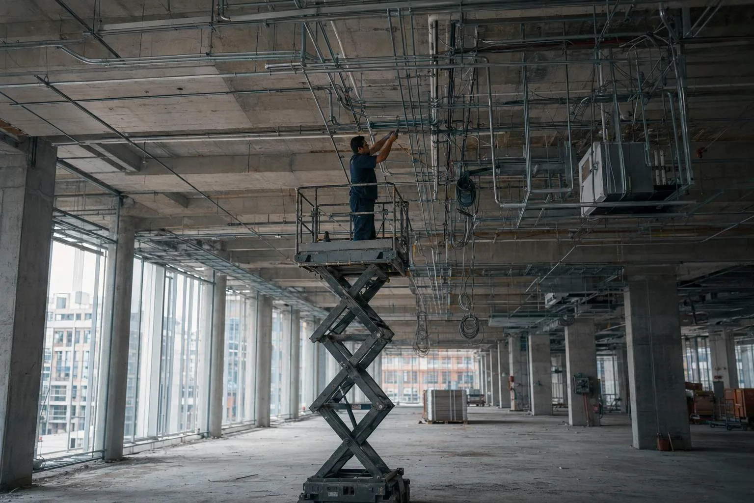 An electrician pulling conductors through conduit on a commercial fit-out, part of the $347 billion US electrical market