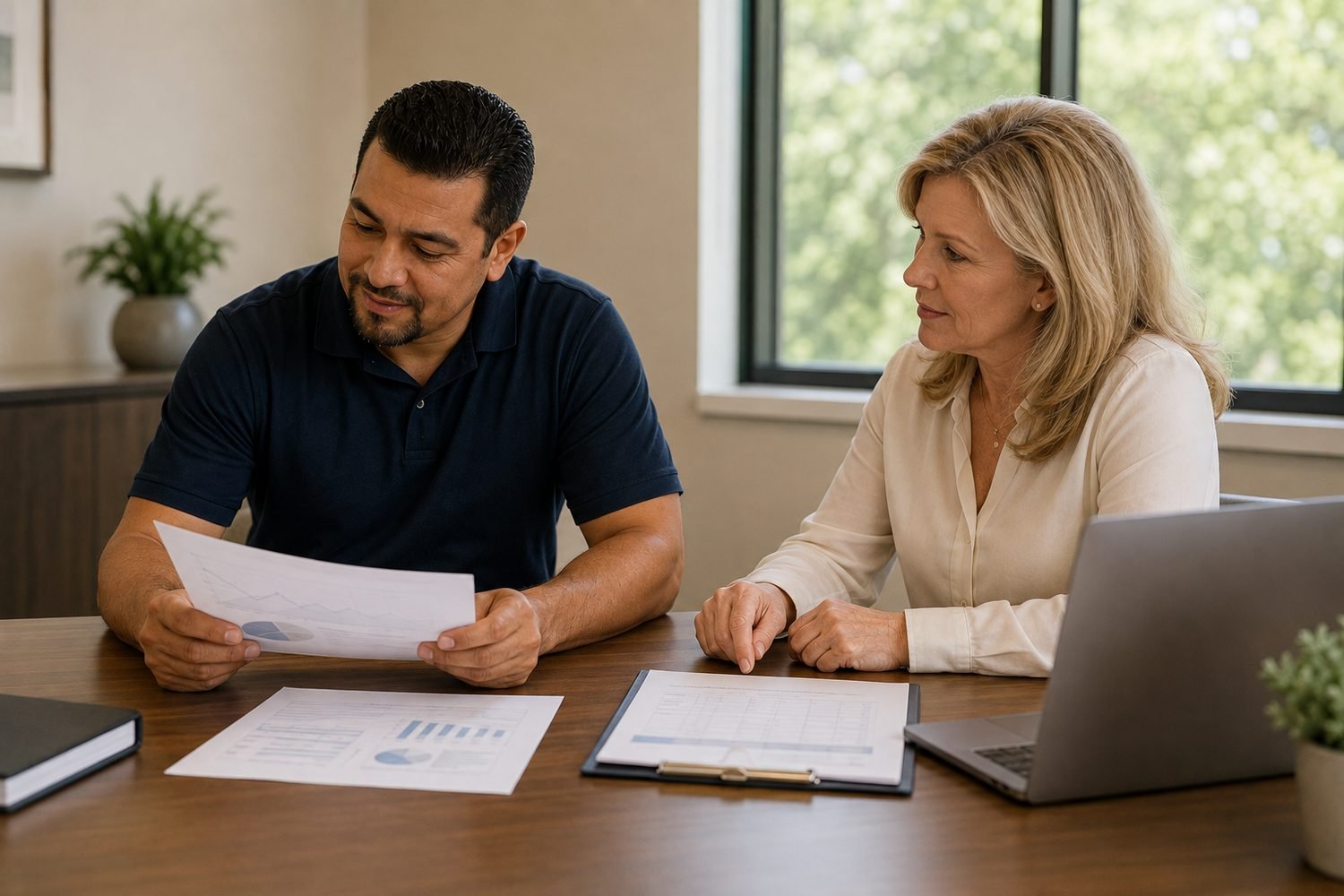 The same restoration owner, in his navy polo, sitting at a table with a community lender in a cream blouse, the two of them going through printed financial statements and a claims schedule together