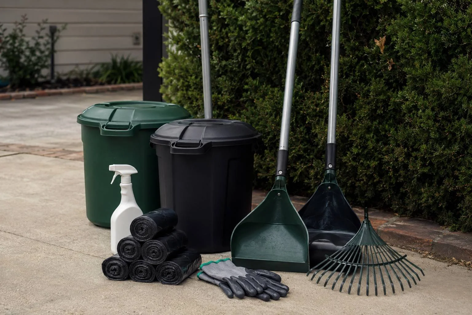 Pet waste removal startup equipment on a clean driveway — long-handled scoopers and a rake, sealed lidded collection bins, a spray bottle of sanitizer, rolls of waste bags, and work gloves