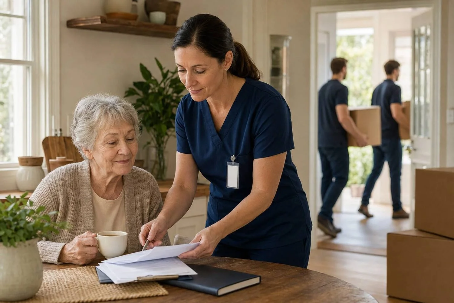 A caregiver in navy scrubs going through paperwork with an elderly client at a kitchen table while two movers carry plain boxes out through the doorway behind them