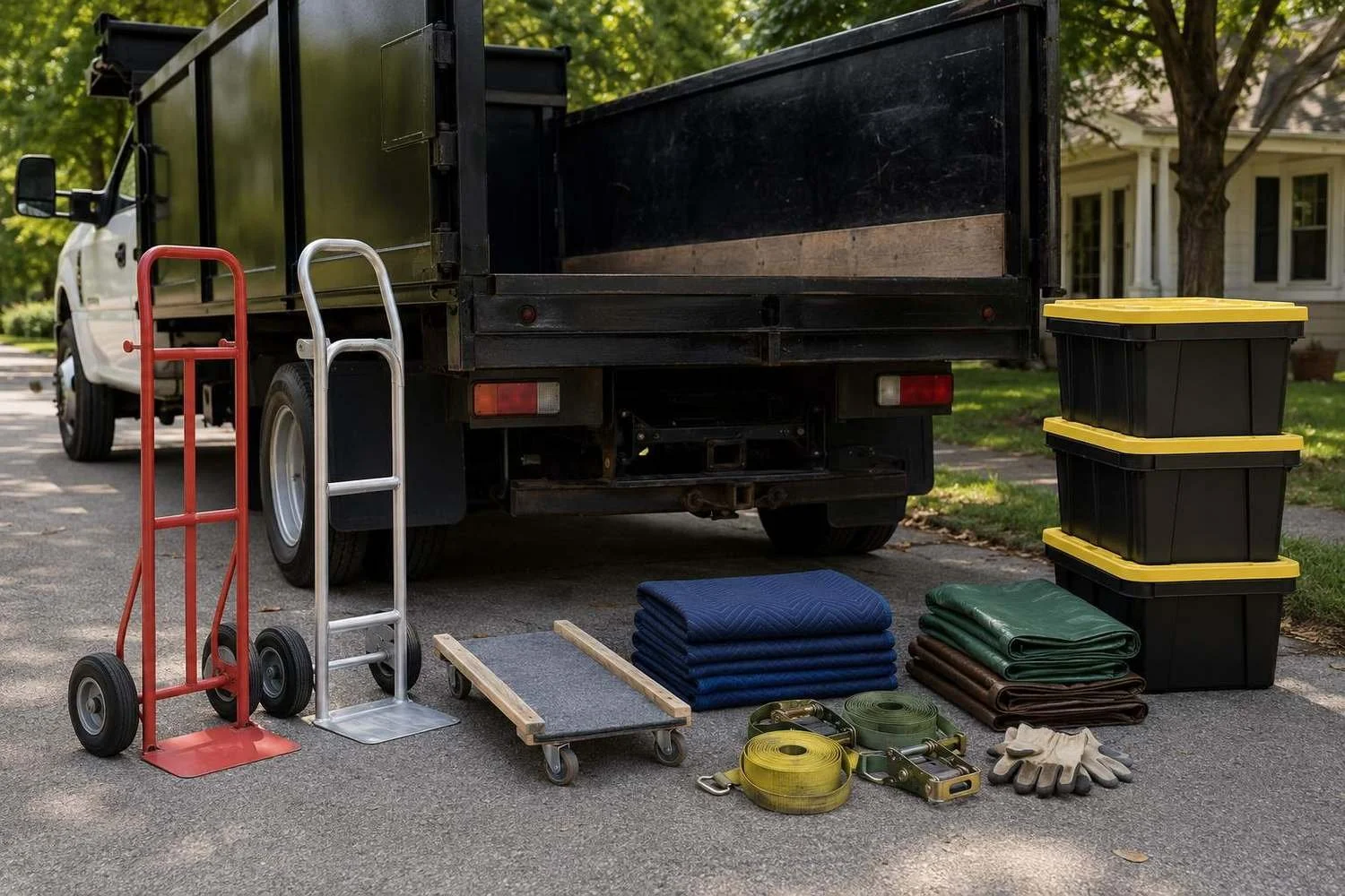 Junk removal startup equipment beside an open dump-body truck — two hand trucks, a furniture dolly, ratchet straps, folded moving blankets, a tarp, stackable bins, and work gloves