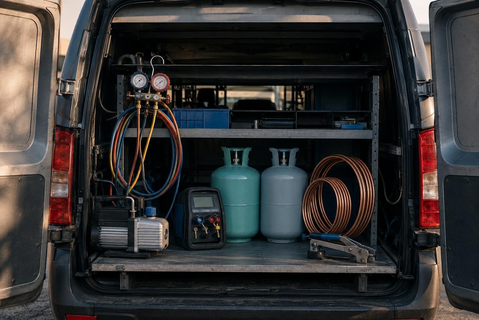 HVAC startup equipment staged at a service van — gauge set, vacuum pump, recovery machine, hand tools and a ladder