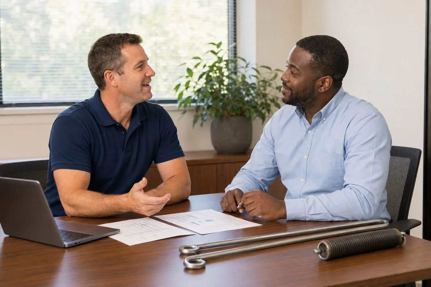 The same garage door business owner in a navy polo shirt sitting at a desk with a community lender, both smiling mid-conversation over printed financial statements, a pair of steel winding bars and a coiled torsion spring on the desk beside a laptop