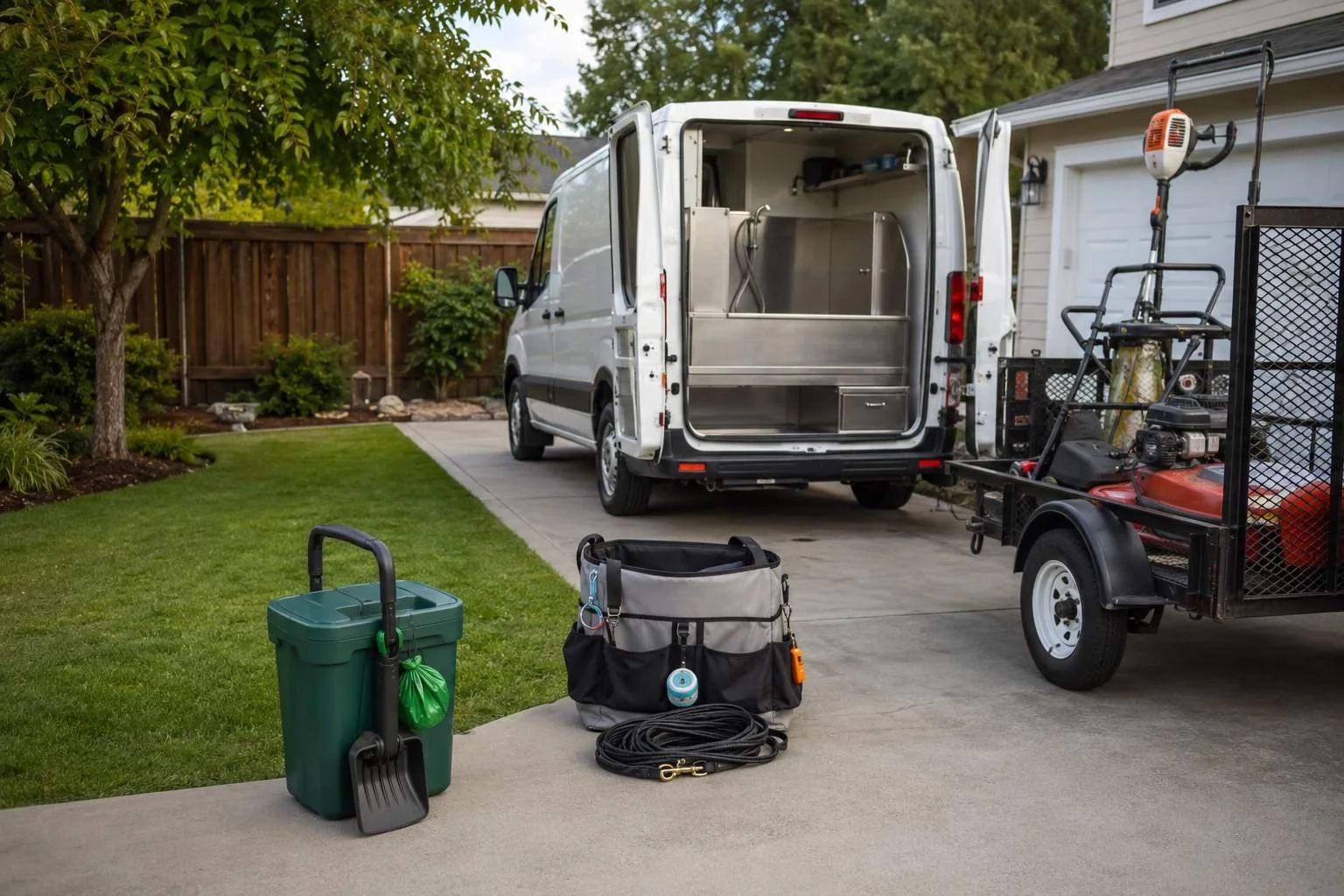 A suburban driveway staged as a pet-and-yard cluster — a sealed pet waste caddy with scooper and bags, a mobile grooming van with a stainless tub inside, a training tote with a long lead and clicker, and a lawn care trailer with a mower and trimmer