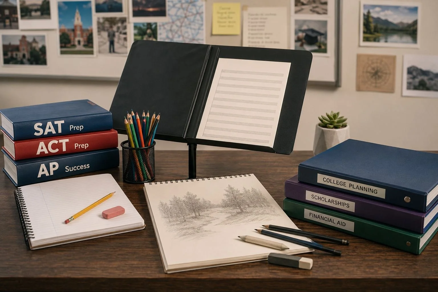 A tutoring workspace holding four services at once: SAT and ACT preparation books, a music stand, an art sketchpad and college-planning binders