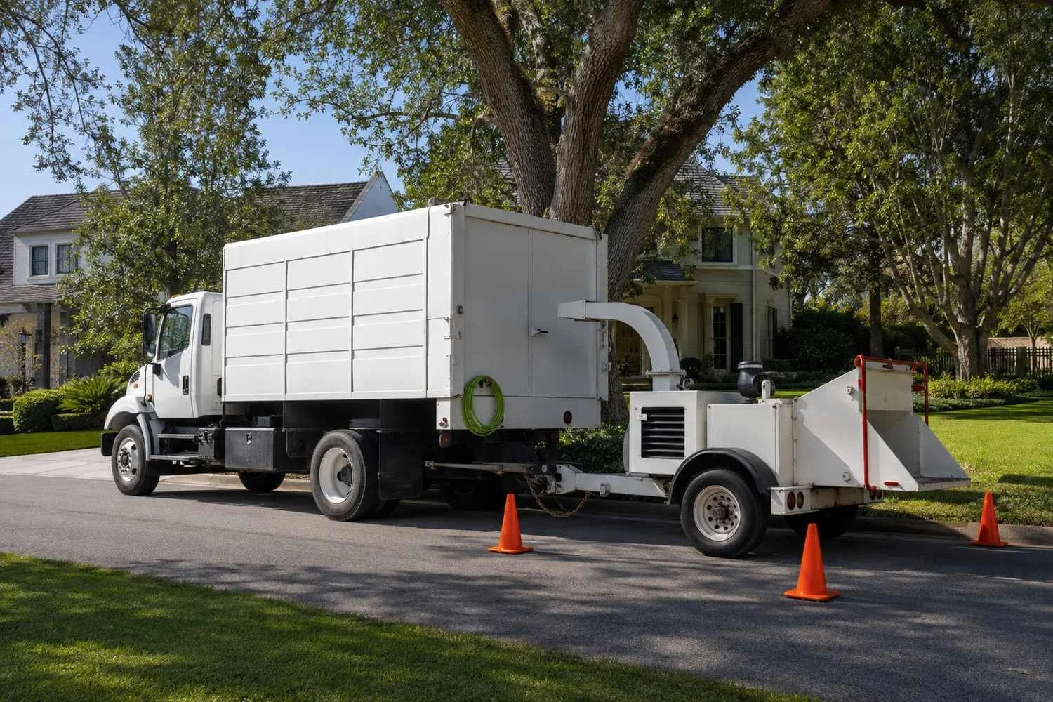 A white chip truck with a high-sided chip box towing a wood chipper, parked at the curb of an affluent street of large mature trees with traffic cones set out behind it