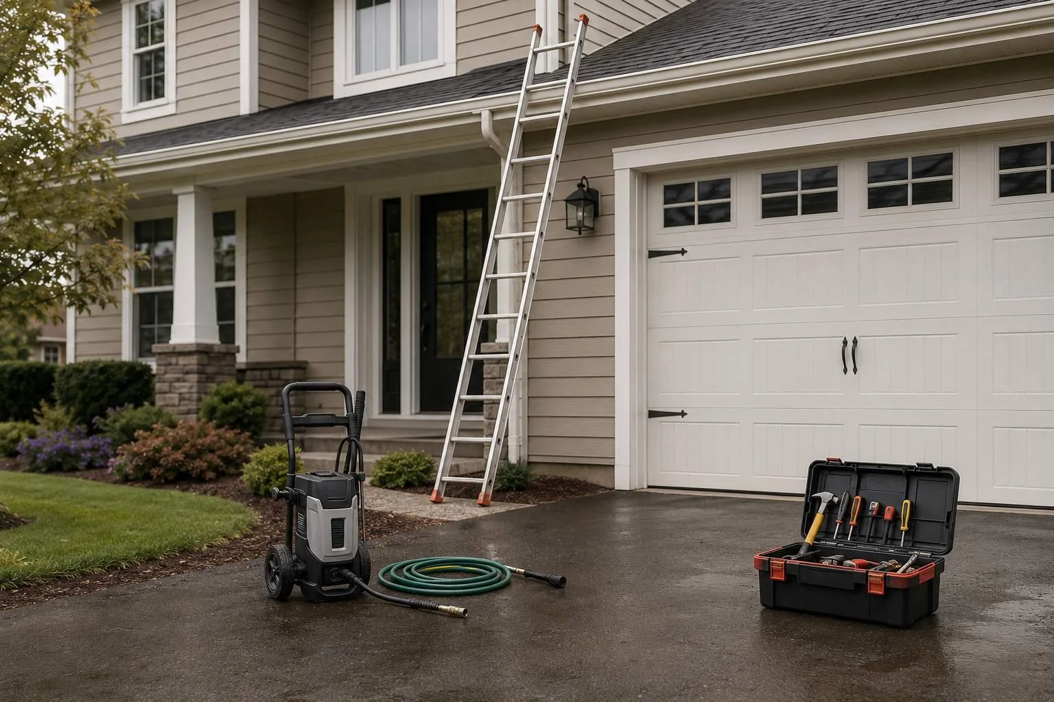 A painter's ladder with a power washer and a handyman's toolbox staged at one home