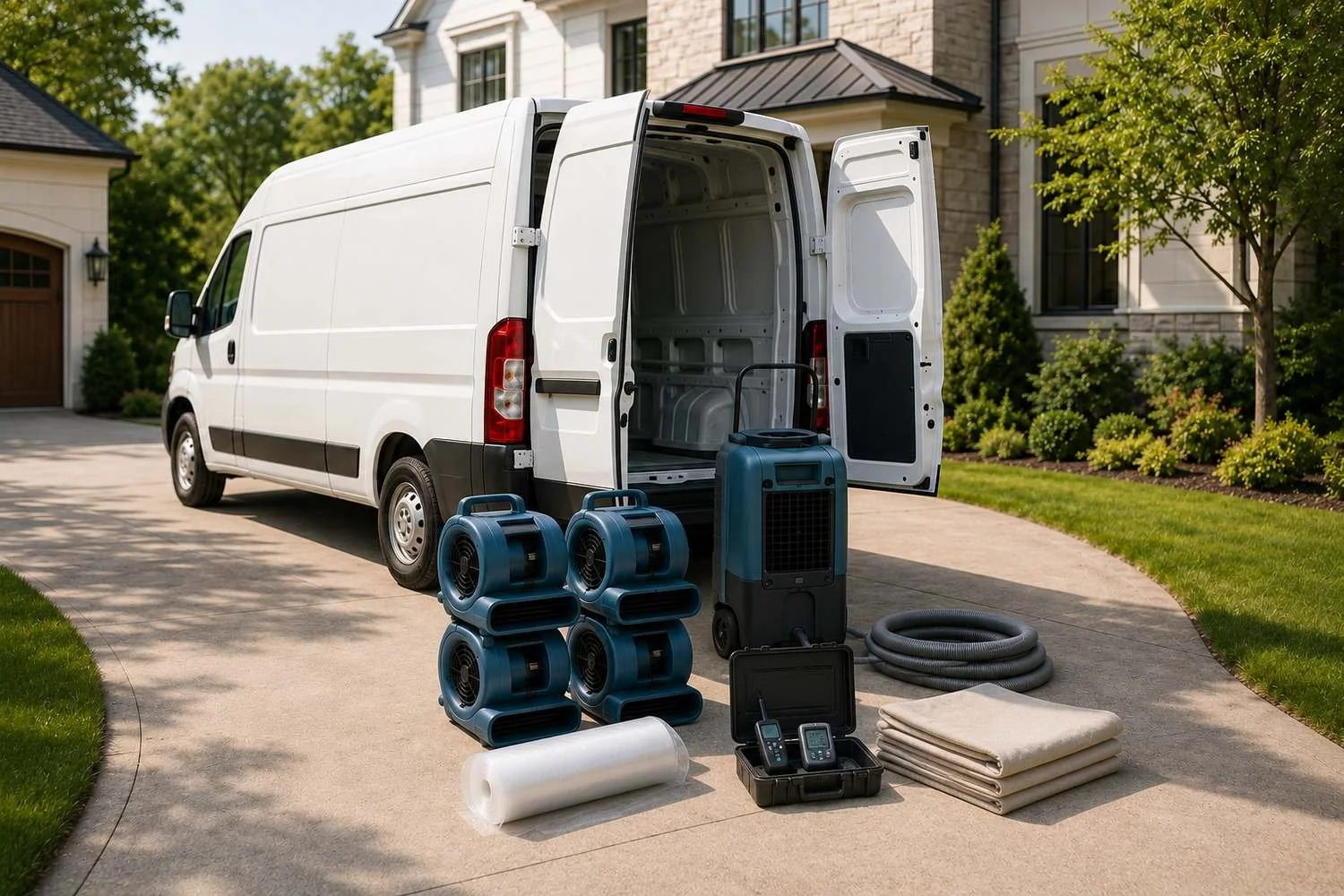 Restoration startup equipment laid out beside the open rear doors of the same white van — four stacked air movers, a dehumidifier, a roll of clear containment sheeting, two meters in an open case, a coiled hose and folded drop cloths