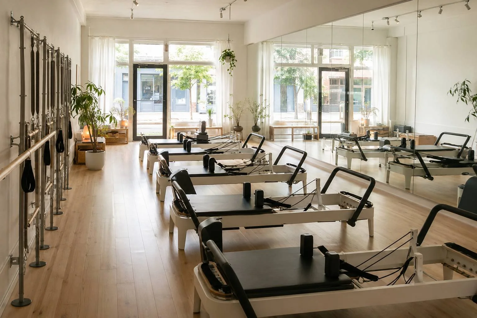 A single independent boutique studio interior — a row of white reformers on a wood floor, a spring-loaded barre wall, mirrors, and storefront windows letting in daylight