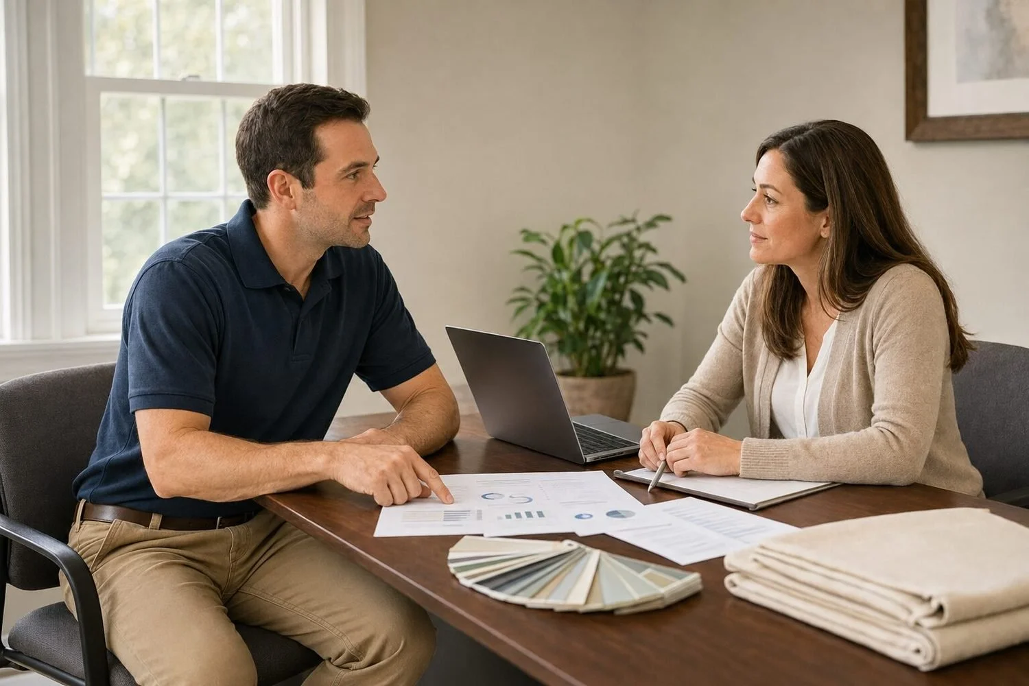 A painting business owner in a dark navy polo reviewing printed financial statements with a community lender across a desk, a fanned paint color deck and a folded drop cloth on the table beside the laptop
