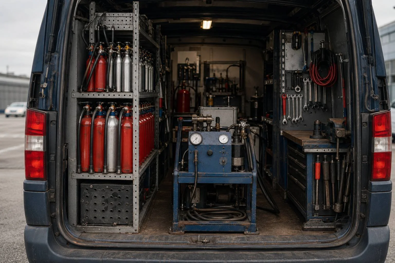 An unmarked service van with fire extinguishers, gauges, and recharge equipment organized in the back