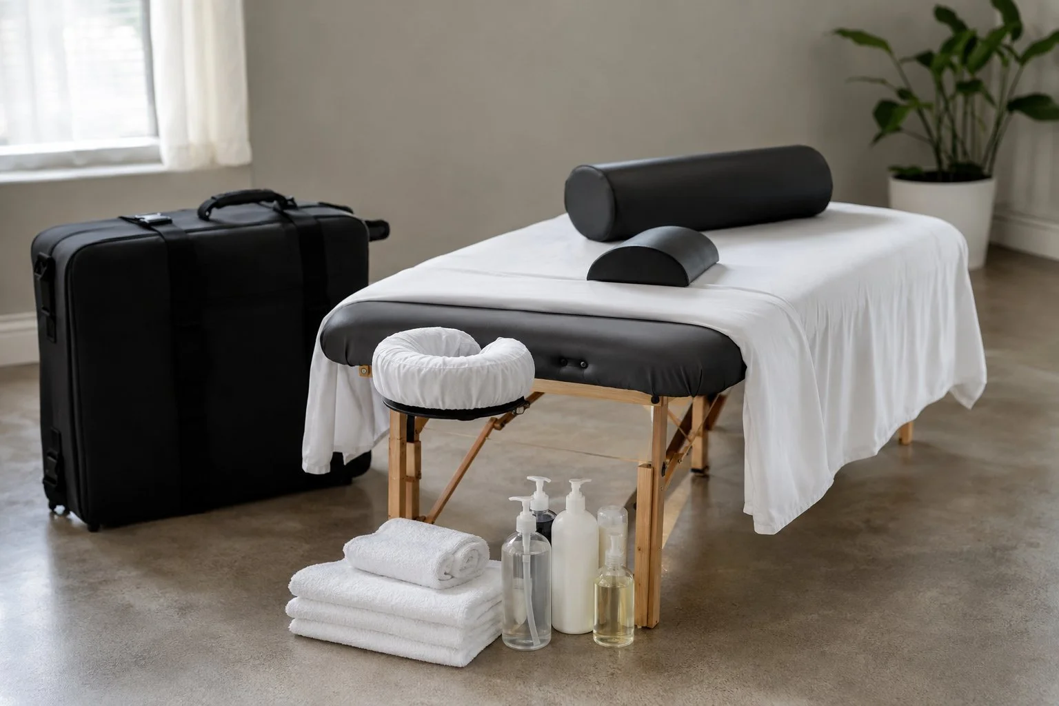 Mobile massage startup equipment — a portable table dressed with fresh linens and a face cradle, a bolster and half-round, folded towels, unlabeled oil and lotion bottles, and a rolling carry case