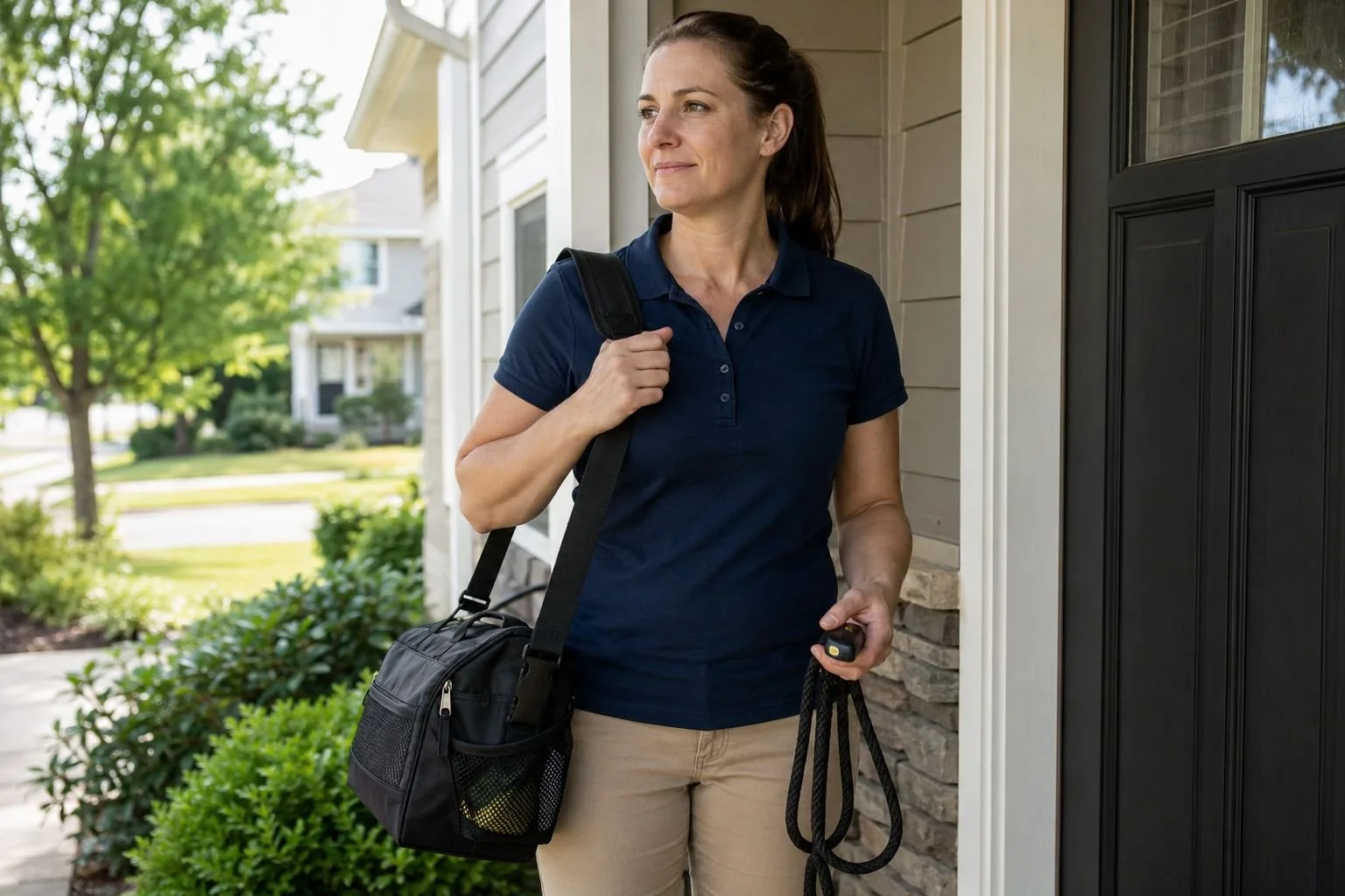 A dog trainer in a navy polo arriving at a suburban home with a training bag over the shoulder and a clicker and leash in hand