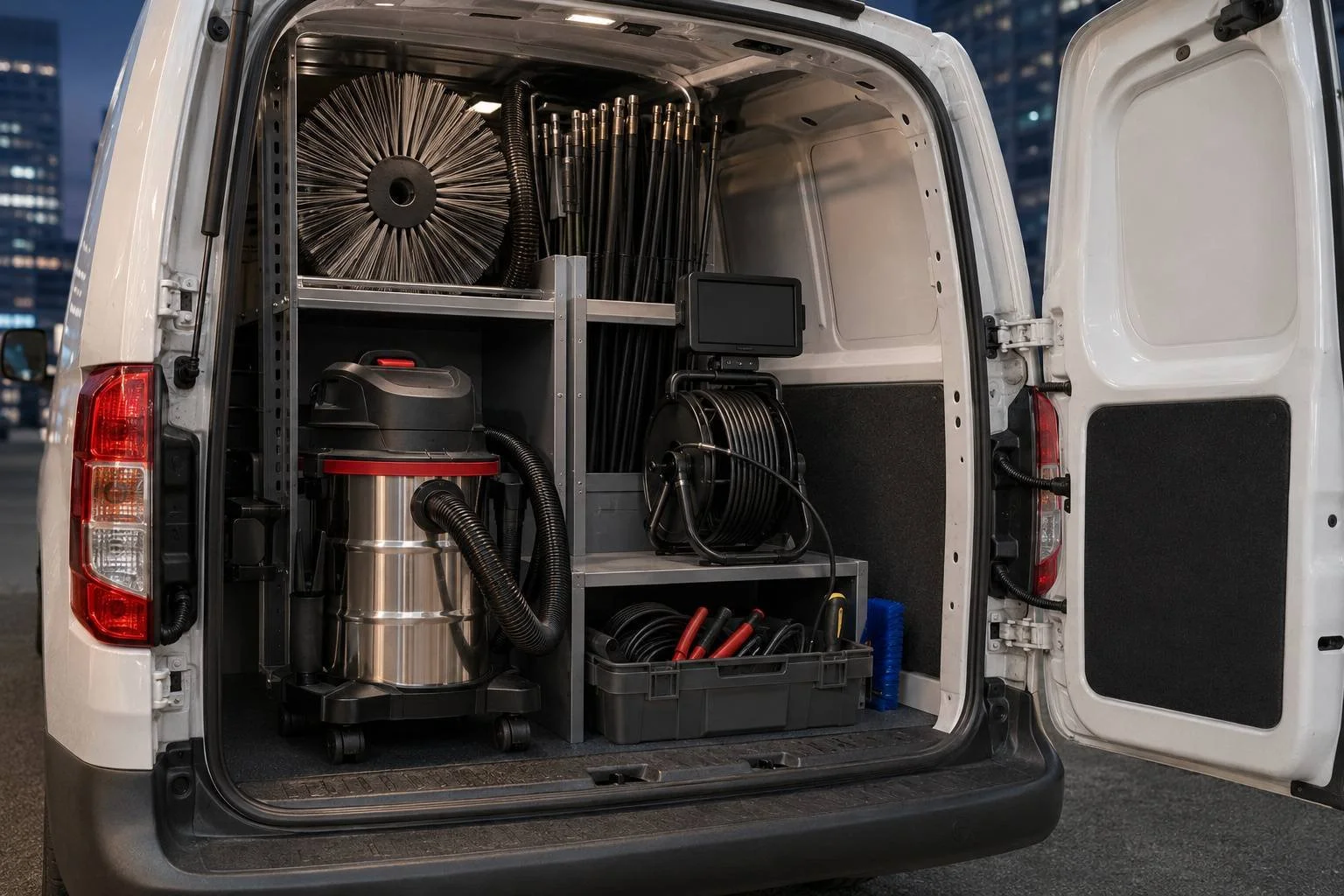 Dryer-vent cleaning gear organized in a van — rotary brush, rod set, shop vacuum, inspection camera, and hoses
