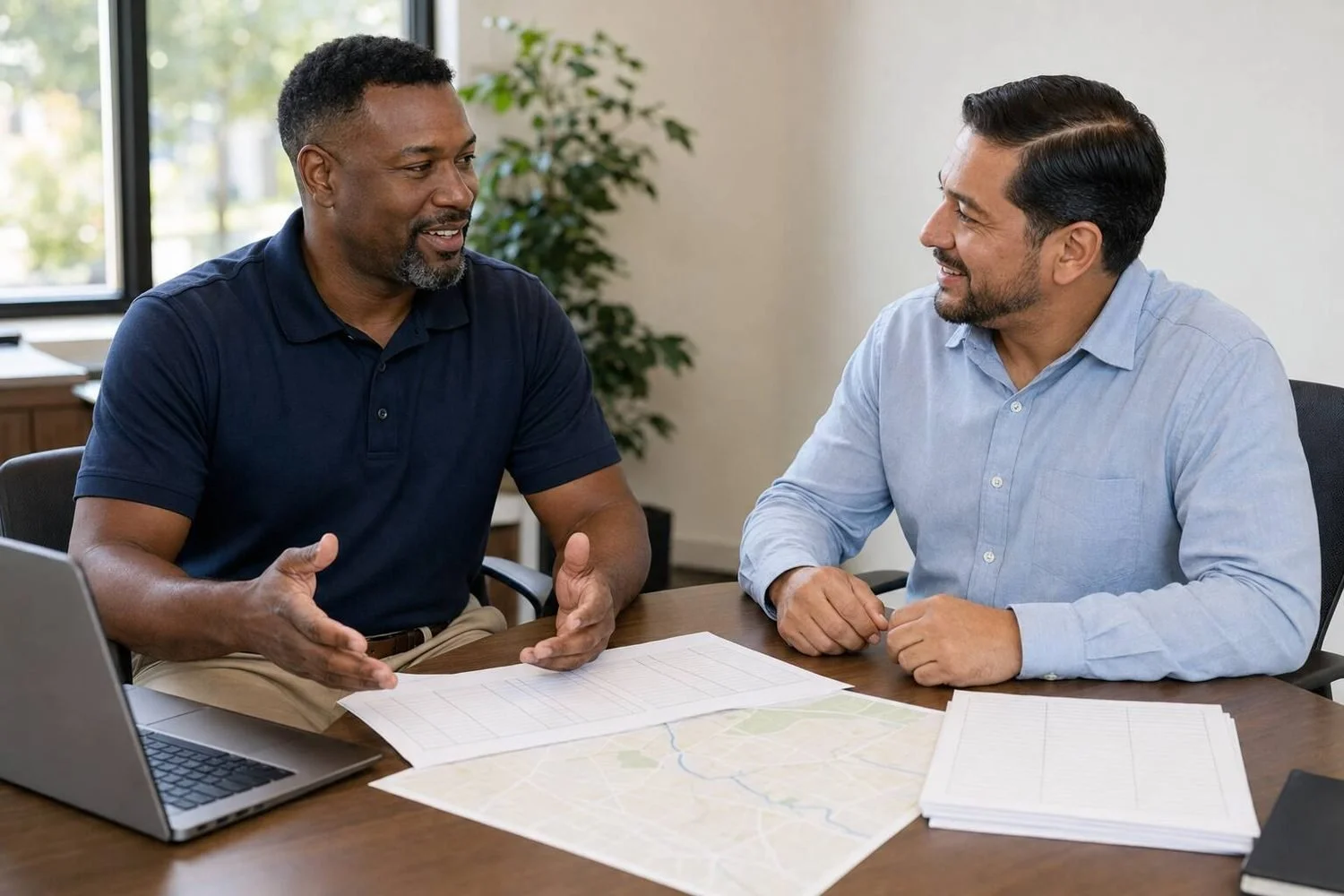 The same lawn care business owner in a navy polo shirt sitting at a desk with a community lender, both smiling mid-conversation over a printed route map and blank service schedules spread across the desk beside a laptop