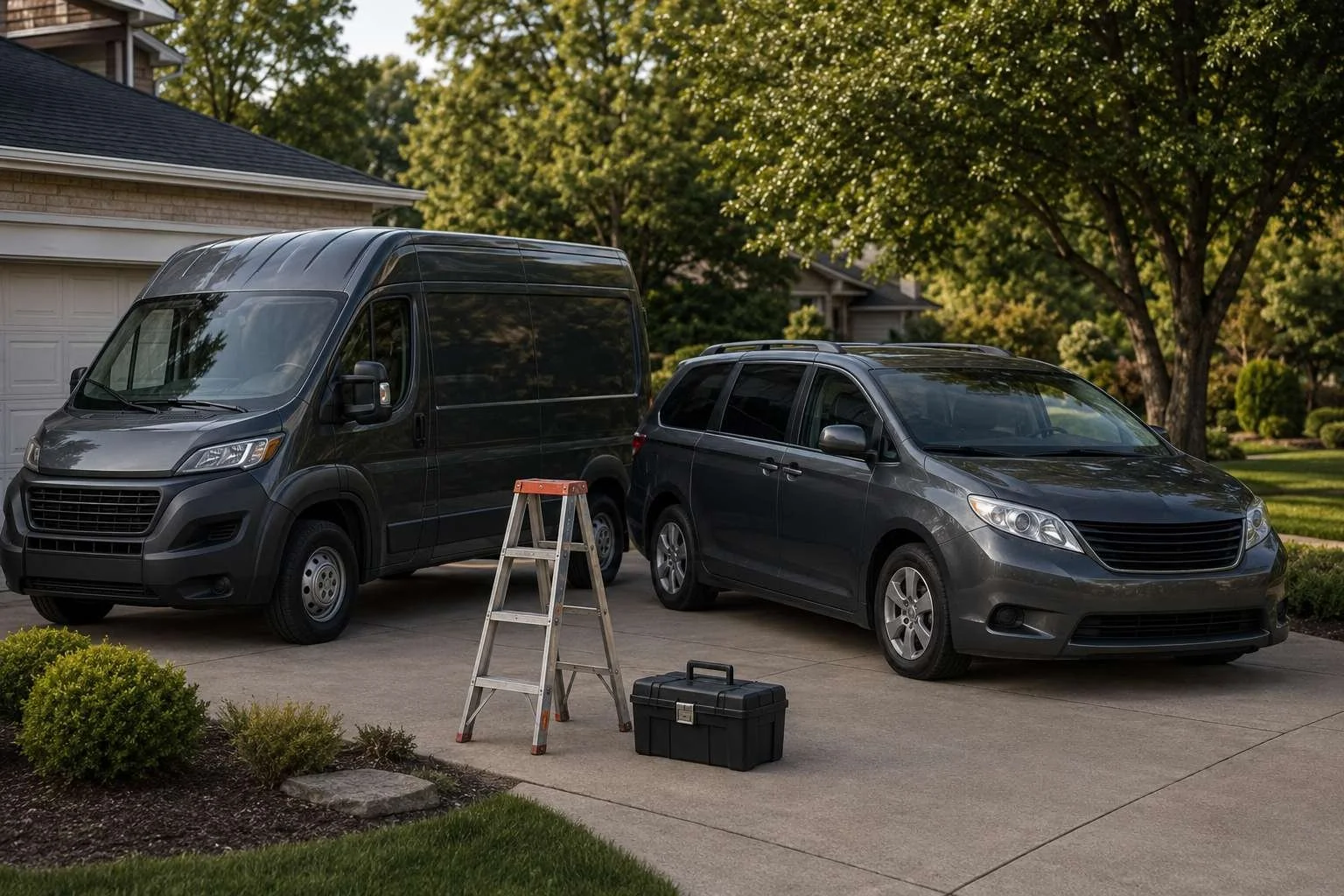 A modification van at one home alongside a senior-care vehicle and handyman tools