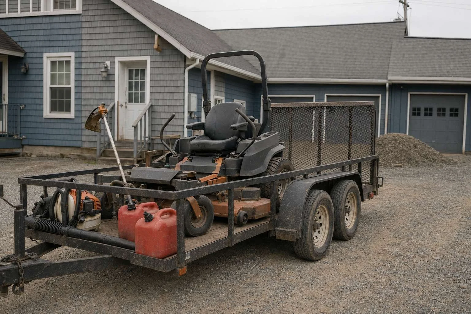 An open trailer with a commercial mower, trimmer, blower, and fuel cans, unmarked