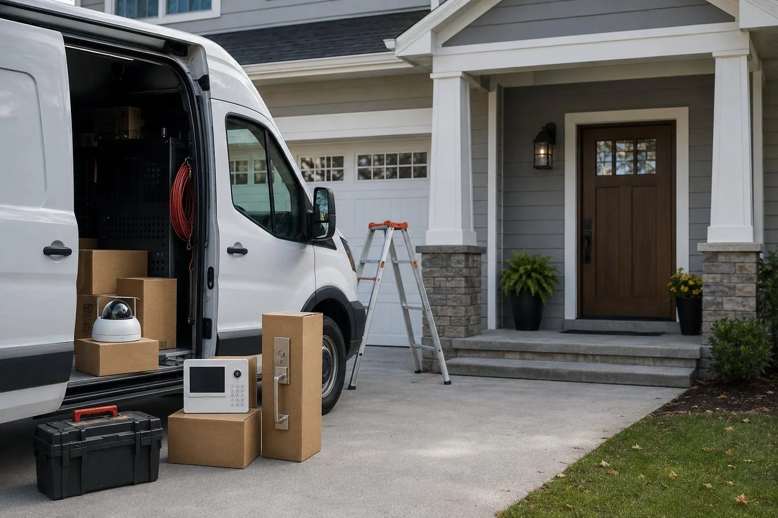 A locksmith van at a home staged alongside security-camera and access-control boxes and a ladder — locks, cameras, and garage-door work together