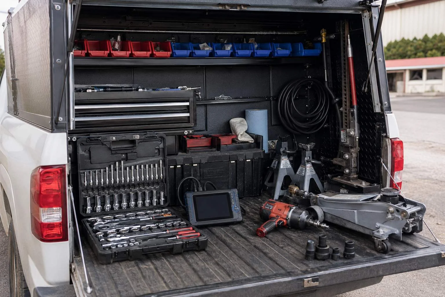 A service truck bed staged with the trade gear — a large socket set, a diagnostic scan tool, an impact wrench, a floor jack, and jack stands
