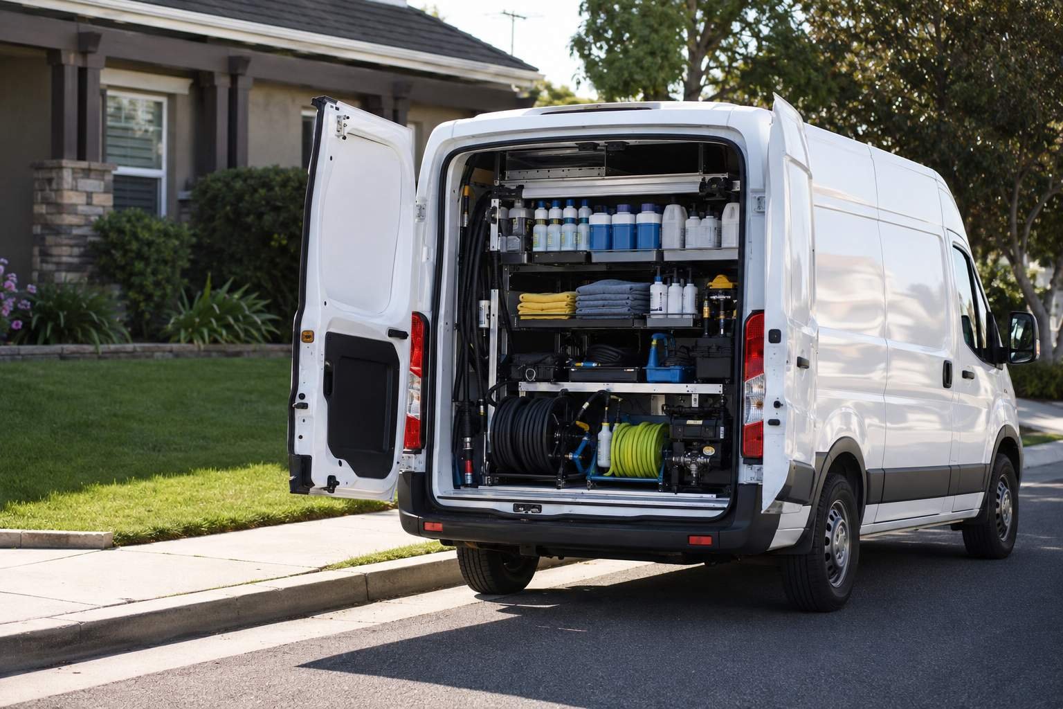 An unmarked white detailing van at the curb with its rear doors open, supplies, hose reels and equipment racked inside