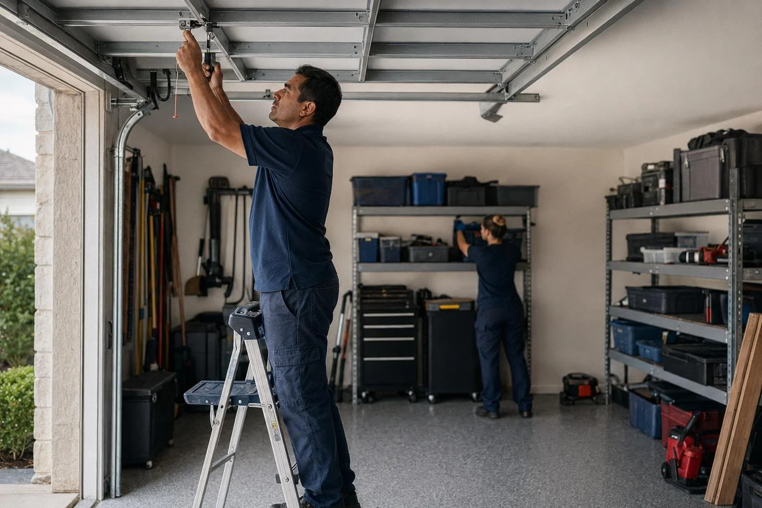 An open garage with a newly serviced door, handyman tools and wall-mounted storage racks — the services that pair off one visit