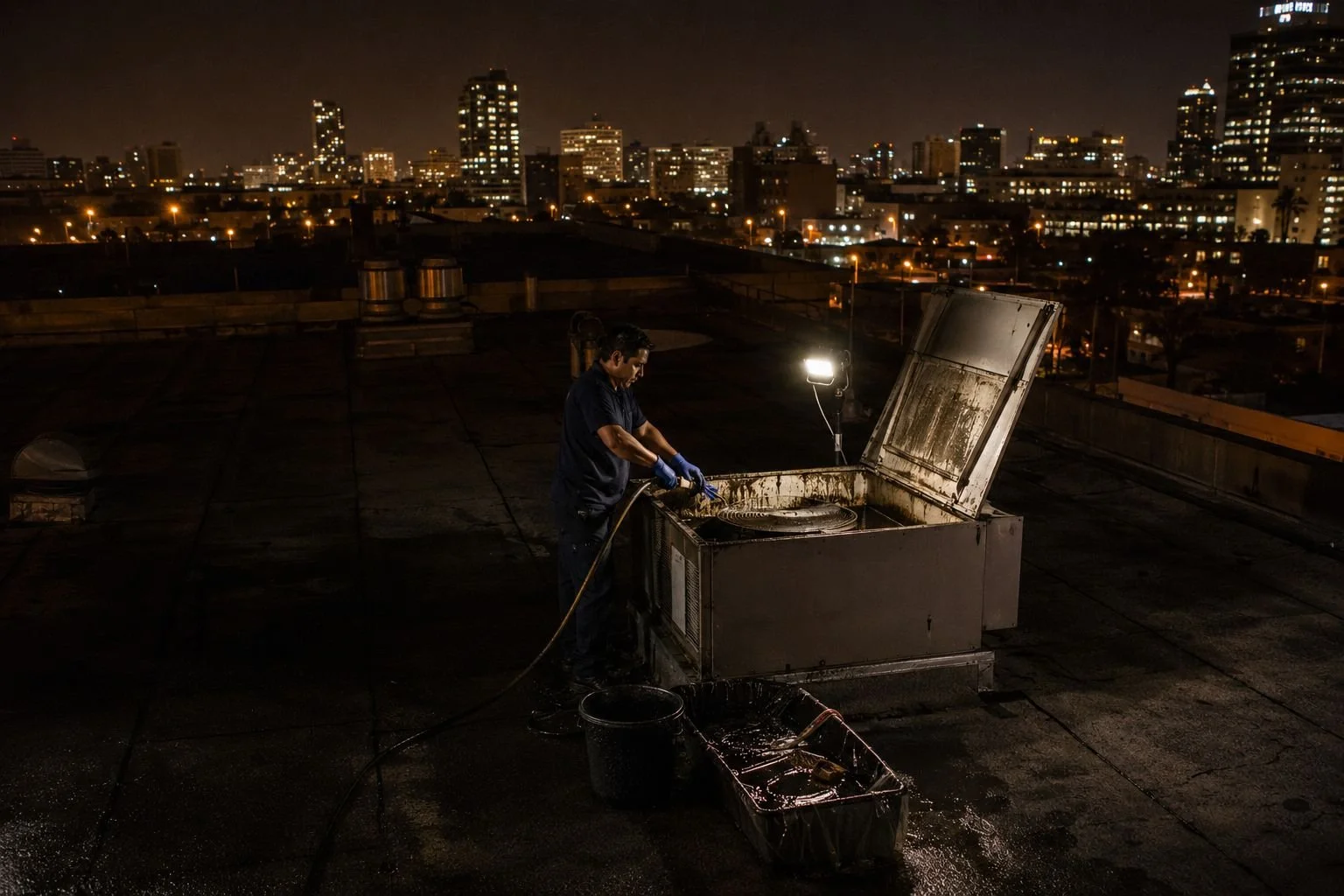 A single technician on a restaurant rooftop at night working on an exhaust fan, city lights behind