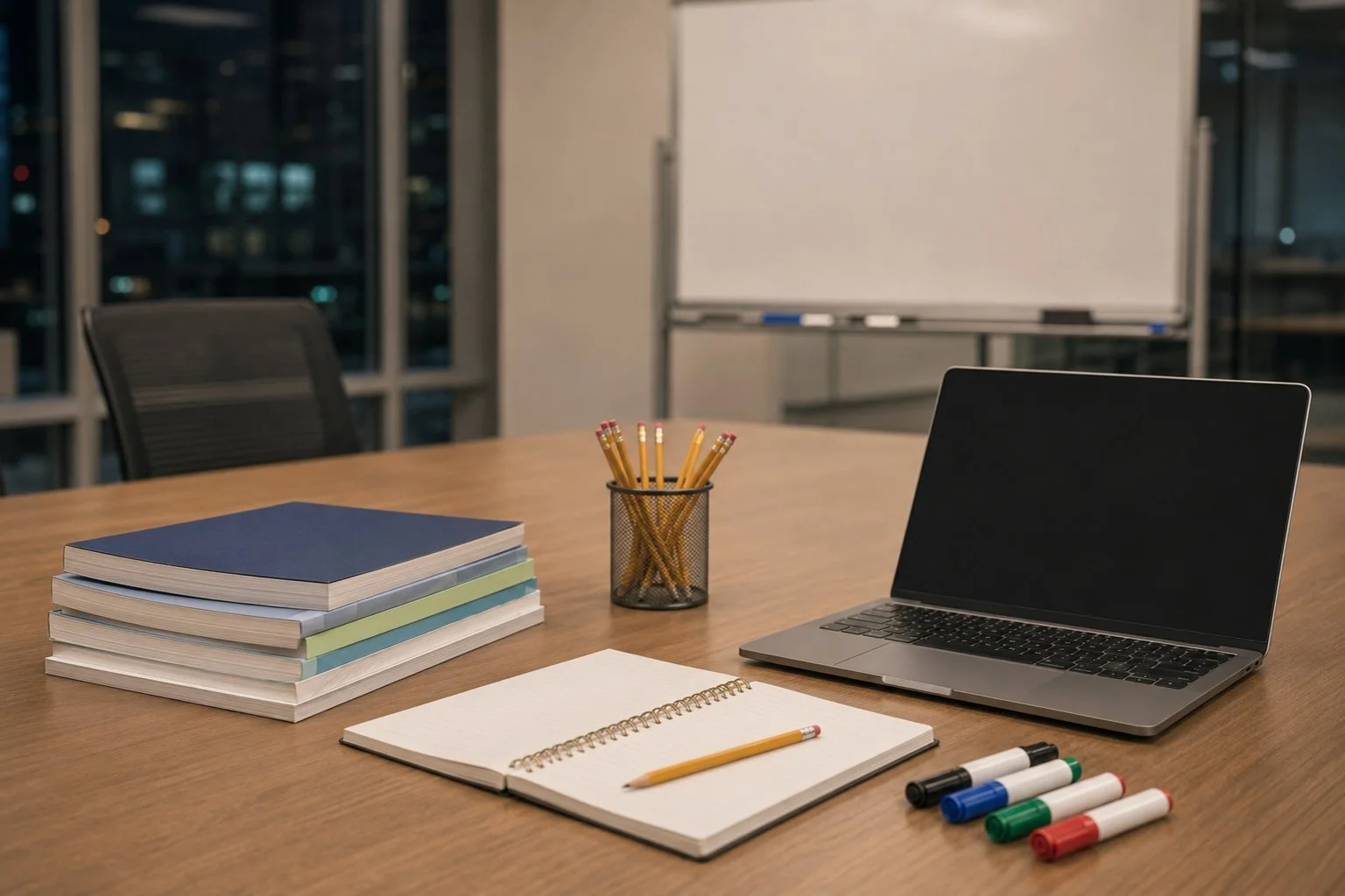 The entire equipment of a tutoring business laid out on a table: practice-test books, a laptop, a notebook and a handful of whiteboard markers