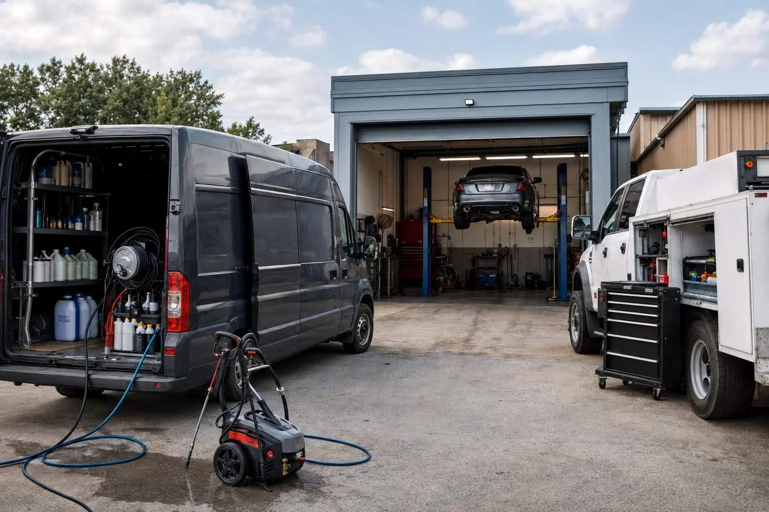 A detailing van and pressure washer staged beside a mobile mechanic truck and an auto shop bay with a car on a lift, three automotive services meeting in one cluster