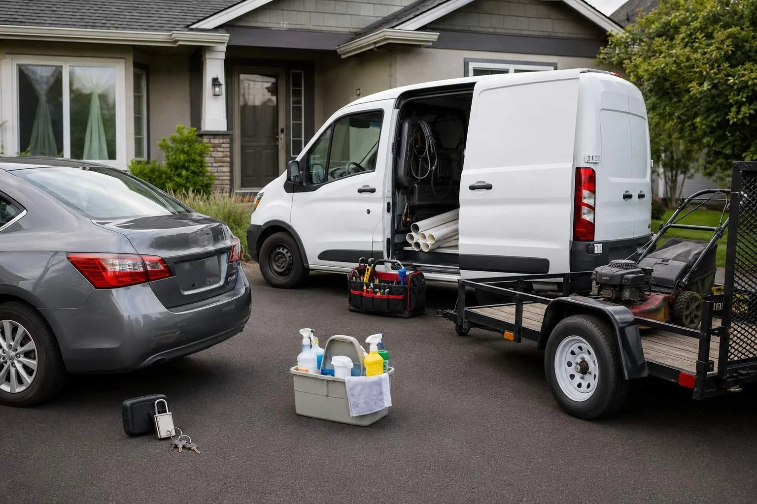 A rental property driveway staged as a property-services cluster — a manager's sedan with a lockbox and keys, a handyman van carrying plumbing stock and a toolbag, a cleaning caddy of supplies, and a landscaping trailer with a mower