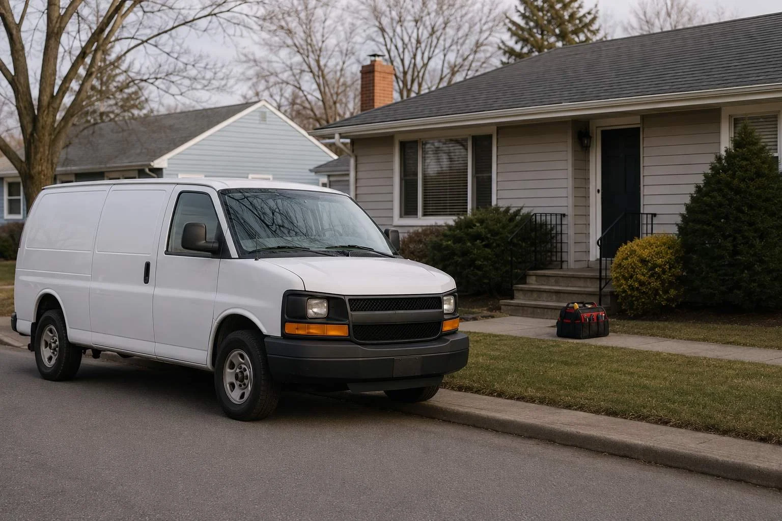 A single unmarked white service van parked outside a suburban home, a tool bag by the front walk