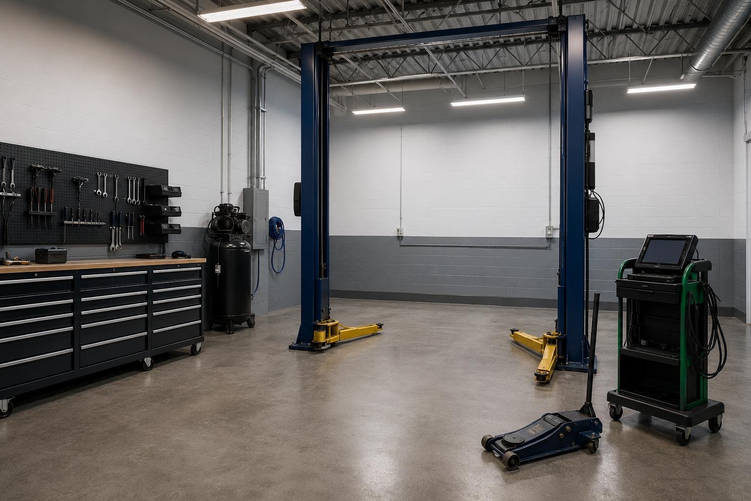 An organized service bay staged with a two-post lift, air compressor, tool chest, floor jack, and a diagnostic scan tool