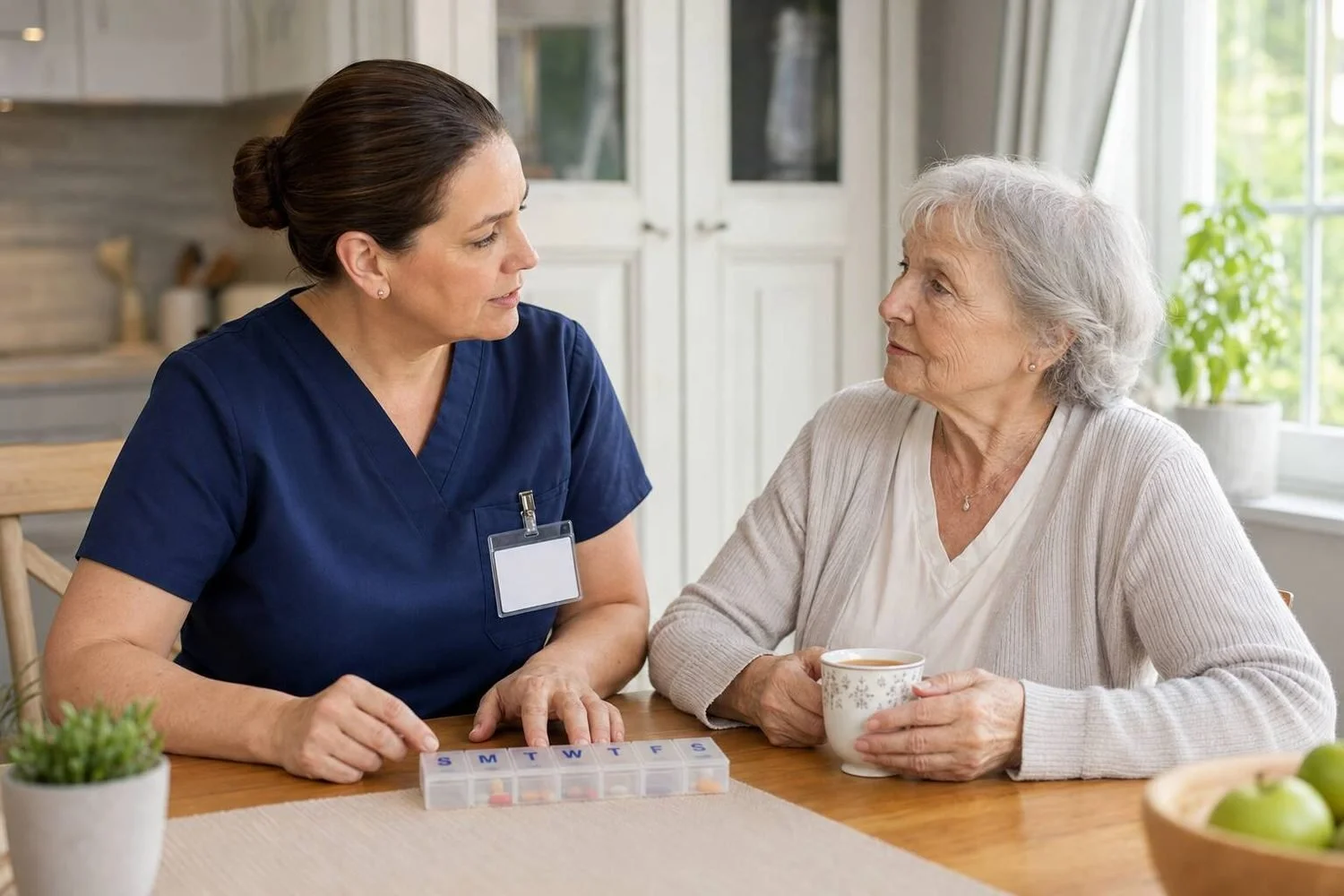 A caregiver in a navy scrub top and clipped ID badge sitting with an elderly client at a kitchen table, a weekly pill organizer between them and the client holding a cup of tea