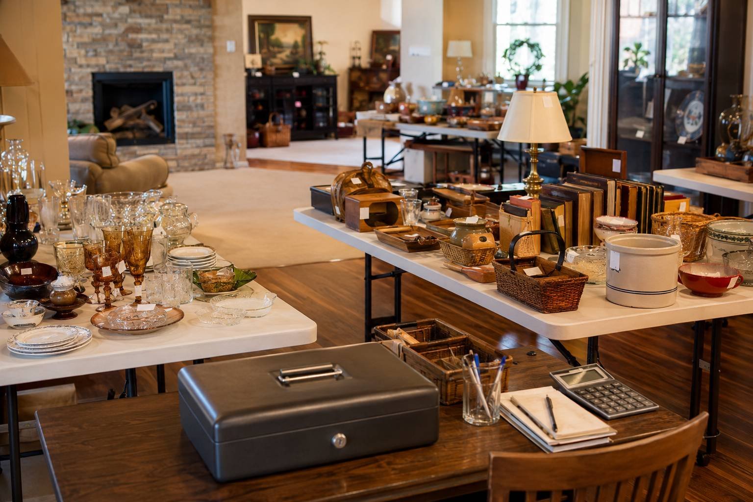 A wide view of a staged estate sale inside a home — folding tables of price-tagged glassware, books, and household goods with a cash box and calculator