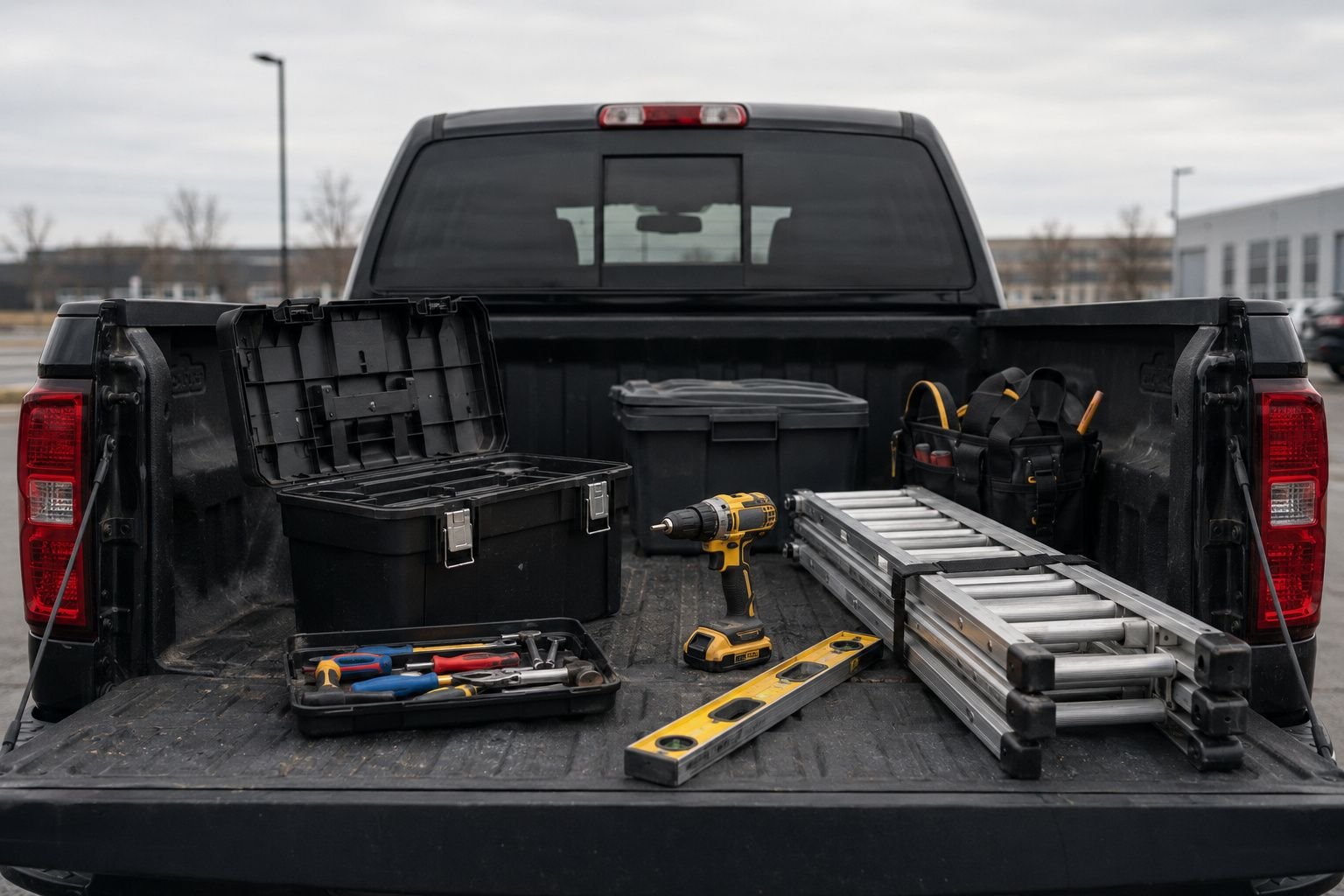 An open truck bed with a toolbox, cordless drill, level, and folding ladder, unmarked