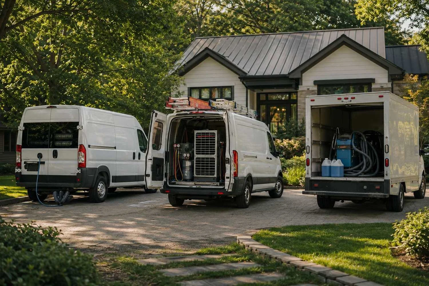Several home-service vans at one property — dryer vent, HVAC, and specialty cleaning working the same house