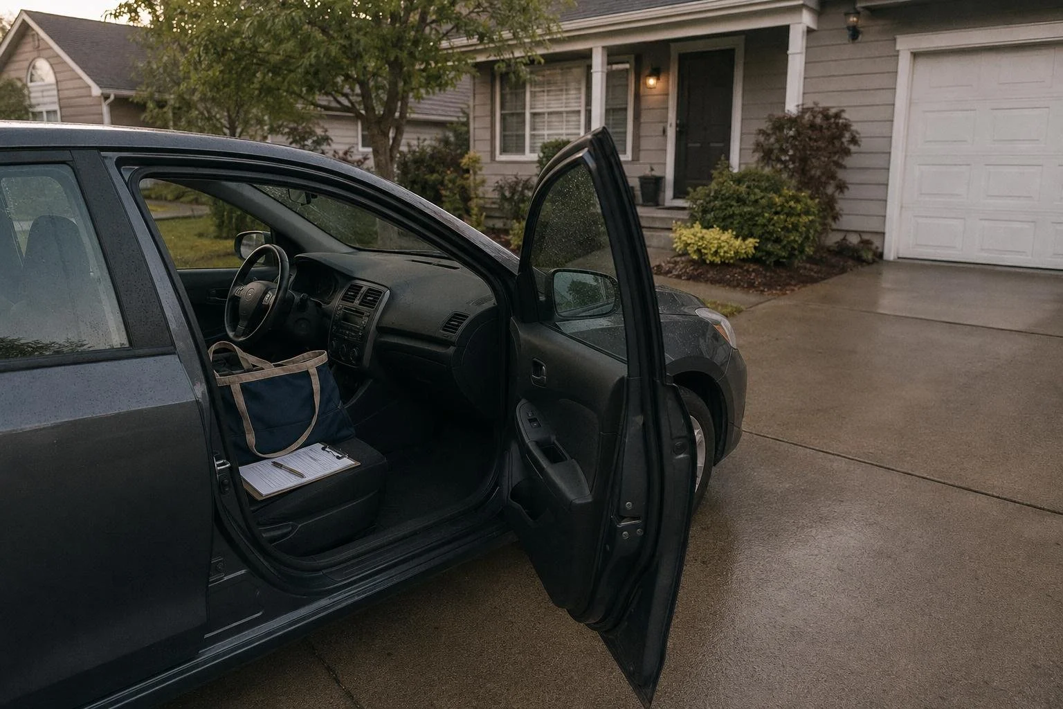 An unmarked compact car in a driveway with a caregiver's bag and clipboard on the passenger seat