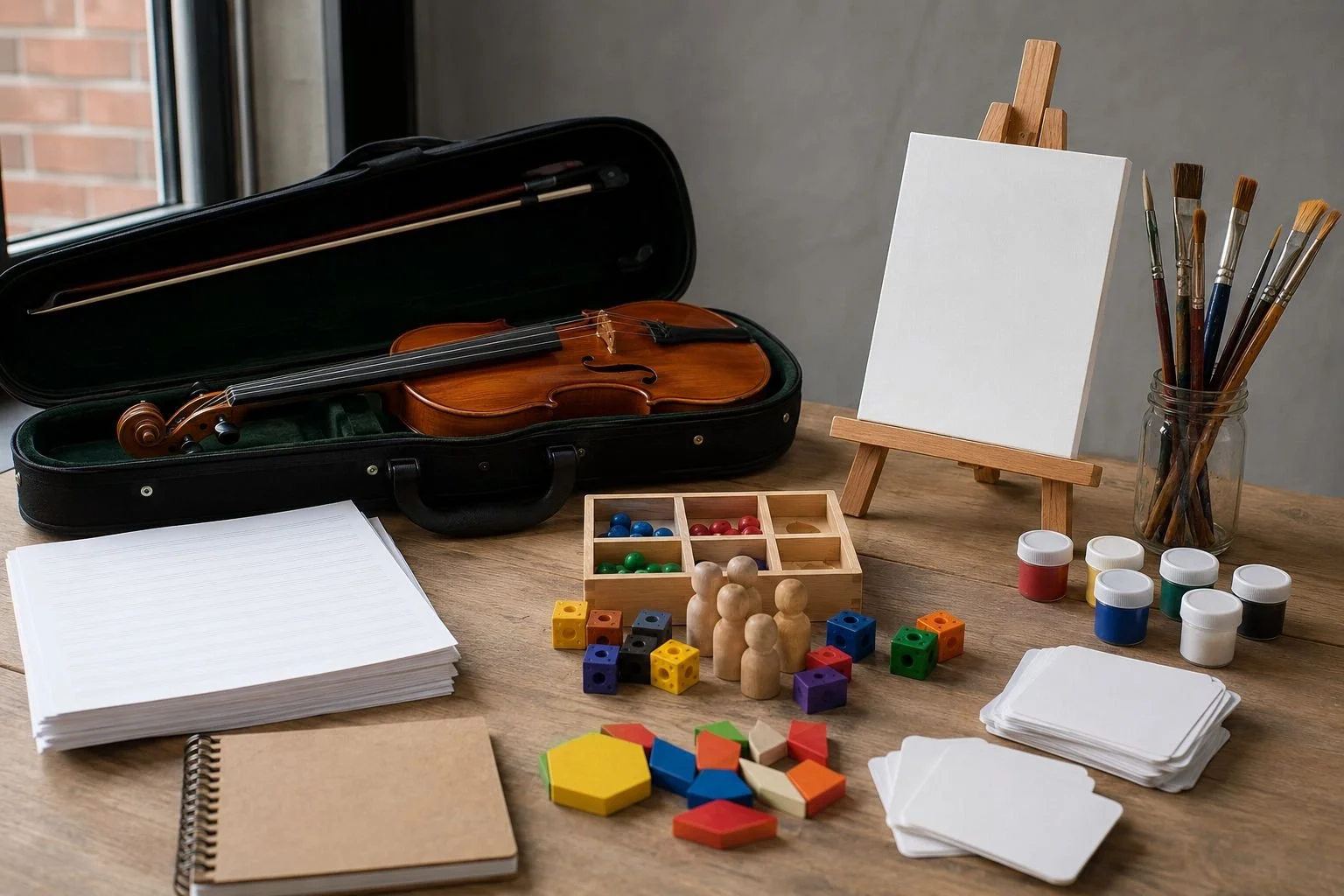 Specialty tutoring startup materials on a studio table — a violin and bow in an open case, blank staff paper, a small easel and canvas with brushes and paint pots, and wooden learning manipulatives
