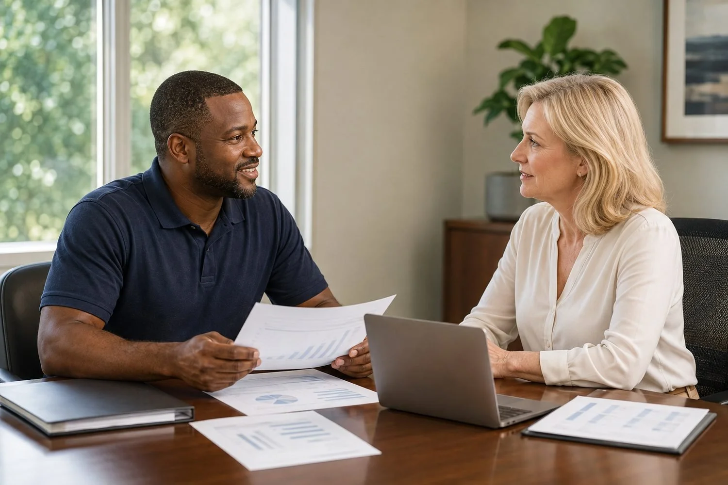 The same arborist, in his navy polo, sitting at a table with a community lender in a cream blouse, the two of them going through printed financial statements together