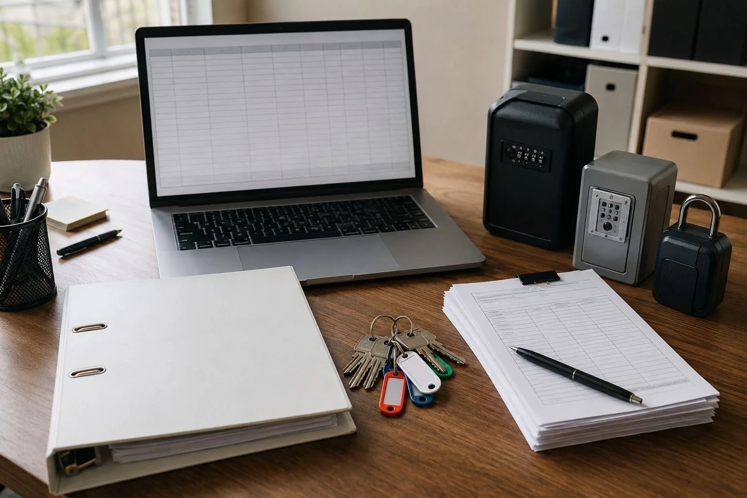 Property management startup essentials on a desk — a laptop showing a blank rent ledger, a lease binder, labelled unit keys, a stack of blank inspection forms, and three lockboxes