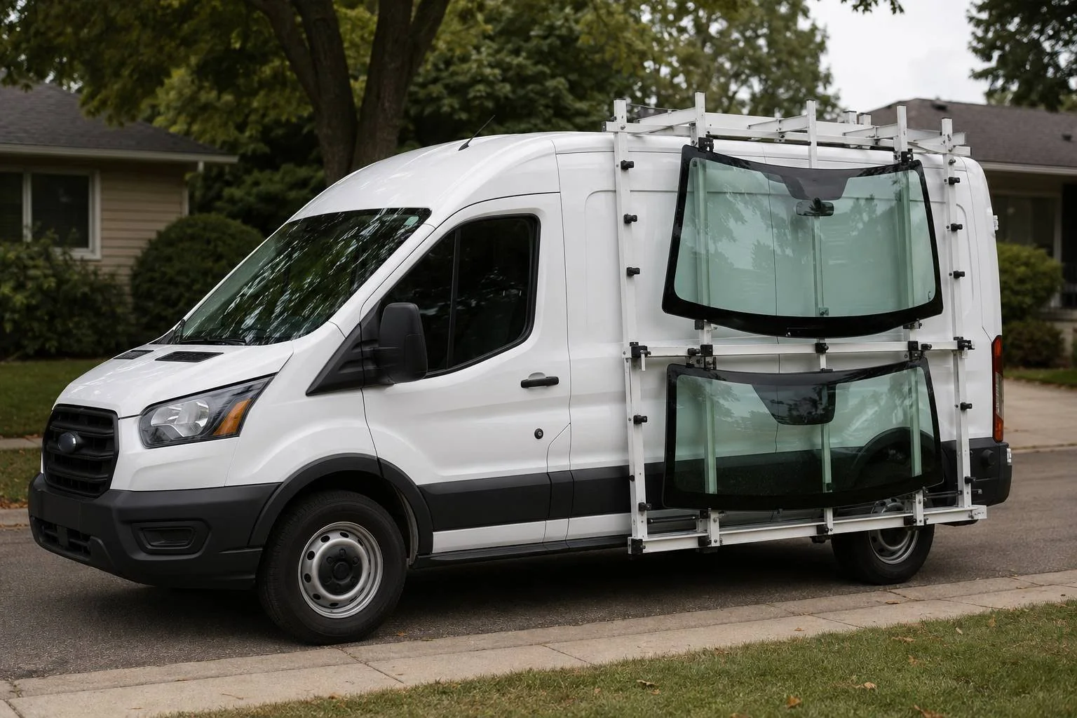 A single unmarked white auto glass van parked at a suburban curb with replacement windshields racked in an exterior side carrier
