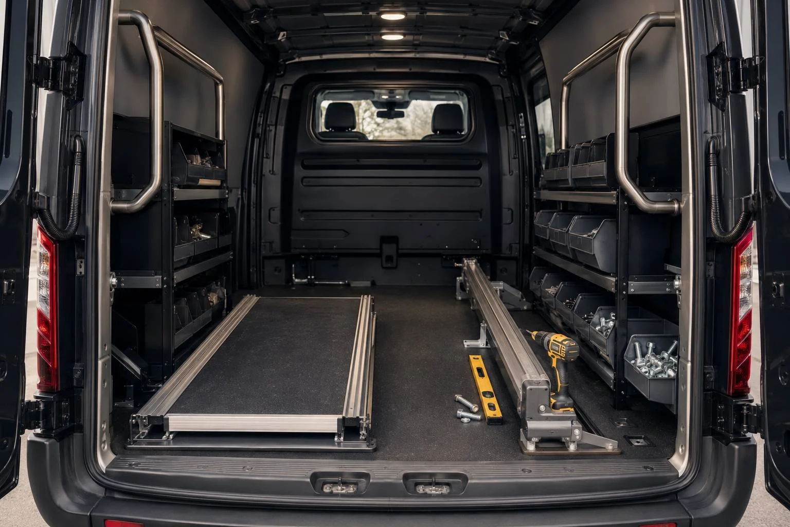 A van interior staged with aging-in-place gear — a ramp track, a level, a drill, and mounting hardware