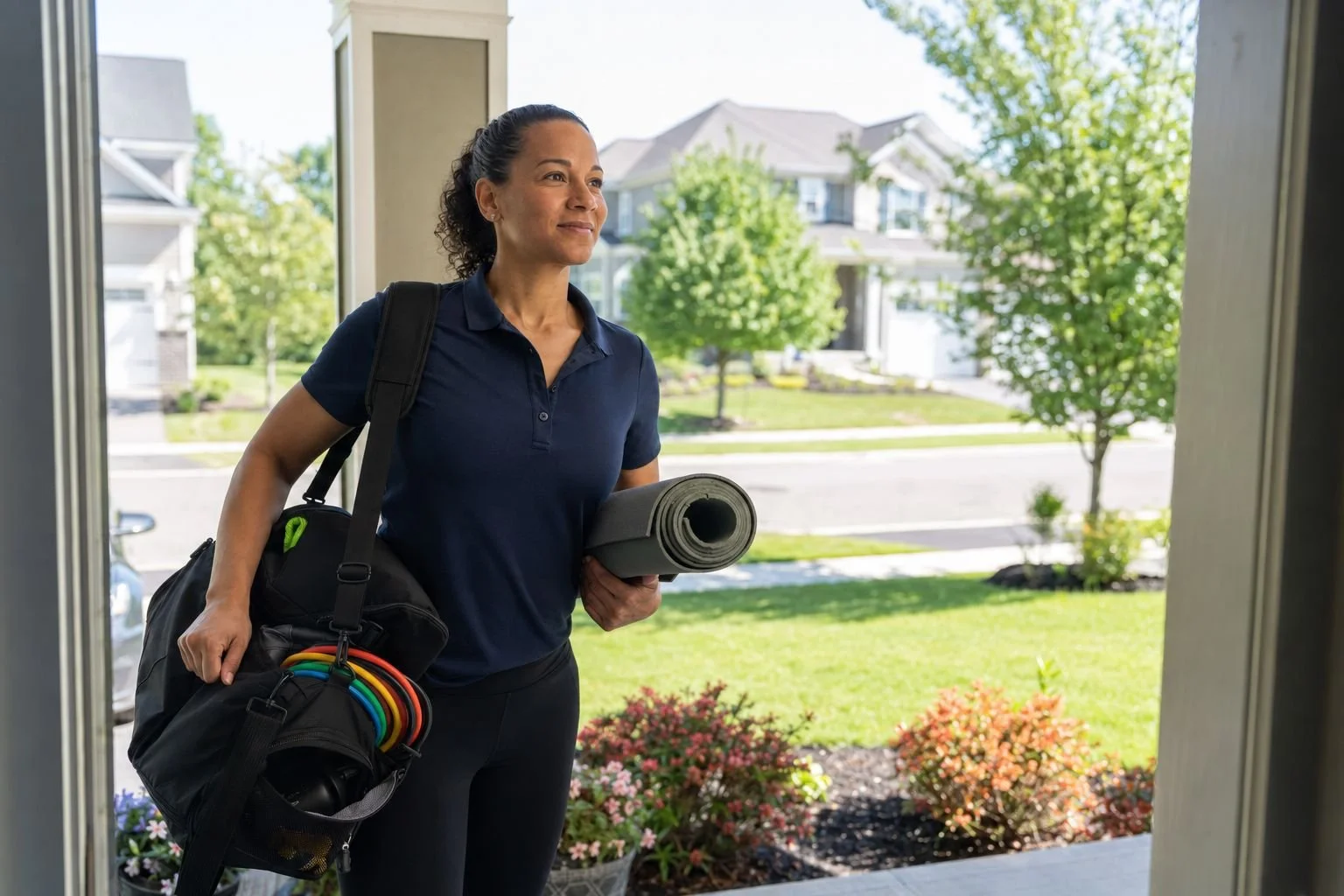 A personal trainer in a navy polo arriving at a suburban home carrying a kit bag and a rolled exercise mat